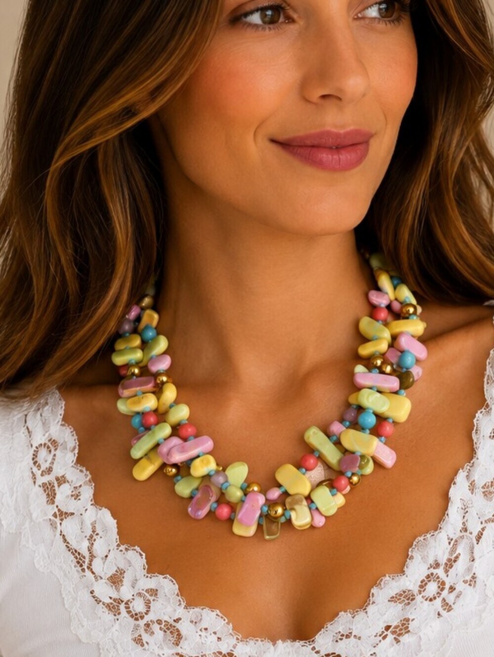 VTG Colorful Pastel Shell Beaded Multi-strand Torade Festival Chain Necklace